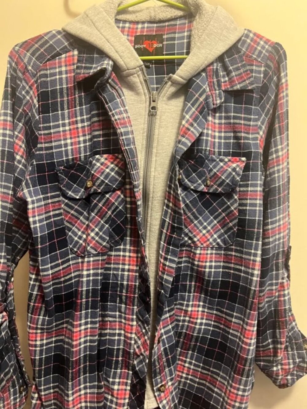 Blue Pink Plaid Hooded Flannel Shirt Jacket Womens M Shacket